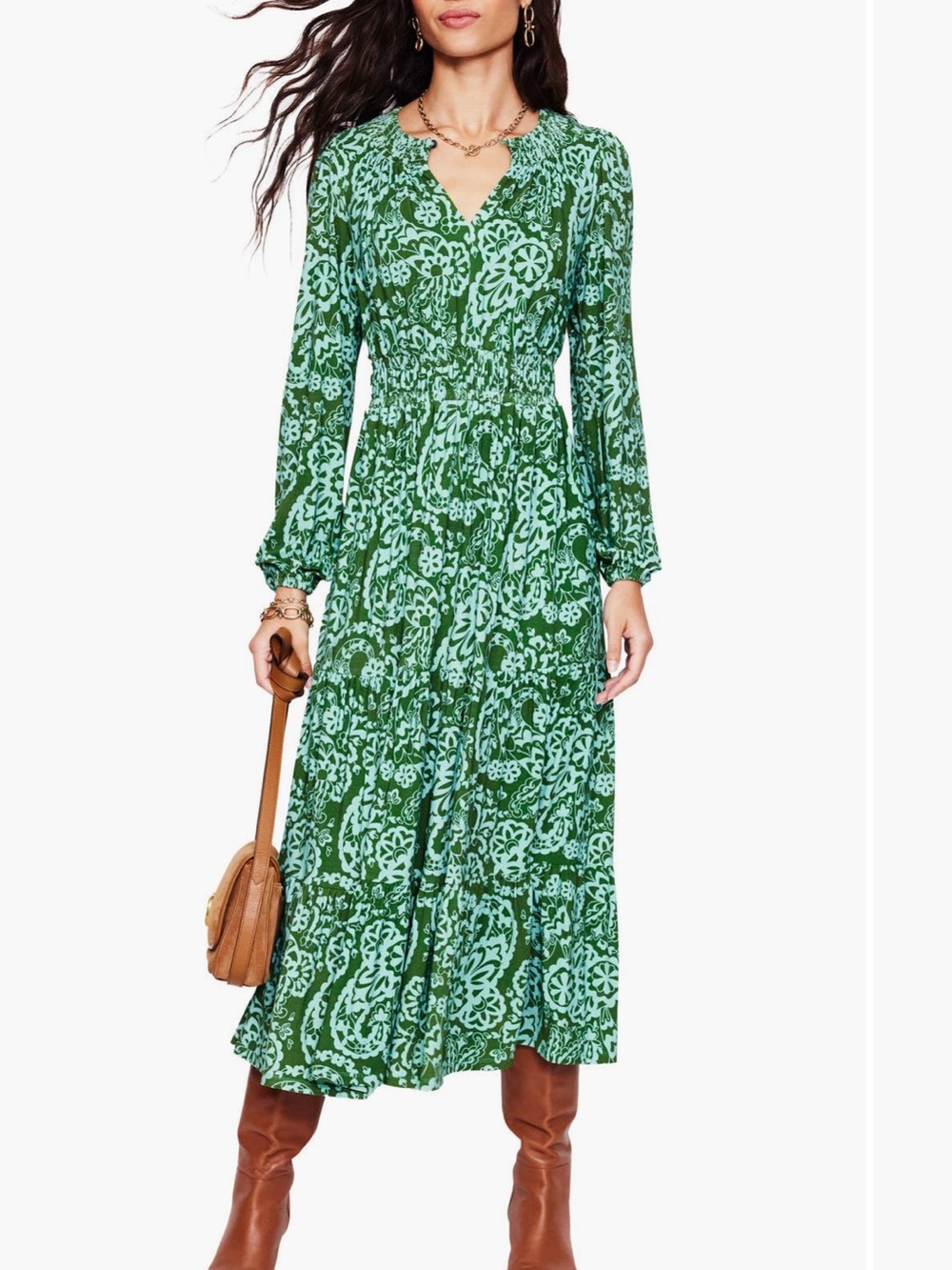 Boden Paisley Long Sleeve Smock Waist Midi Dress